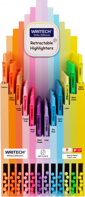 Display textmarker retractabil Writech cu 72 rezerve neon si pastel, 144 buc/set